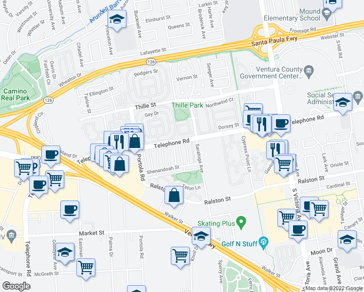 map of restaurants, bars, coffee shops, grocery stores, and more near 1186 Chalmette Avenue in Ventura