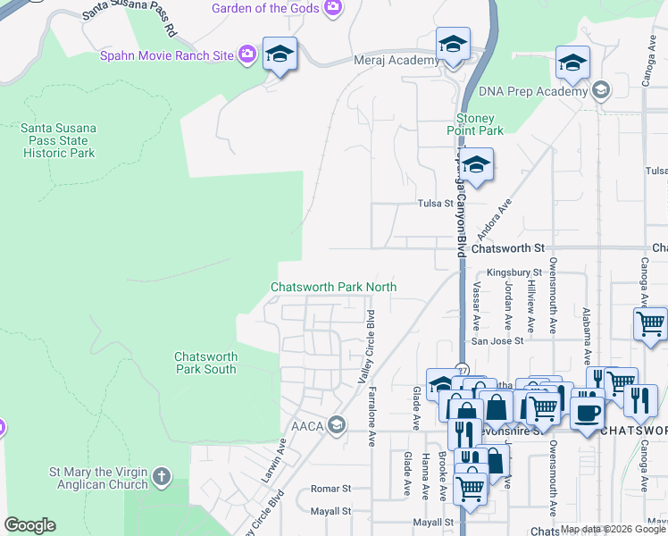 map of restaurants, bars, coffee shops, grocery stores, and more near 22300 Chatsworth Street in Los Angeles