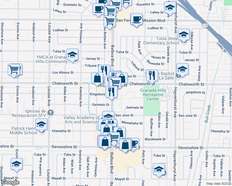 map of restaurants, bars, coffee shops, grocery stores, and more near 10620 Balboa Boulevard in Los Angeles