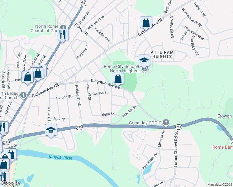 map of restaurants, bars, coffee shops, grocery stores, and more near 214 Church Street Northeast in Rome