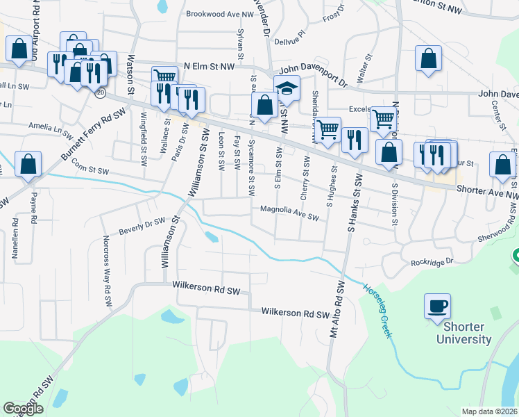 map of restaurants, bars, coffee shops, grocery stores, and more near Magnolia Avenue Southwest in Rome