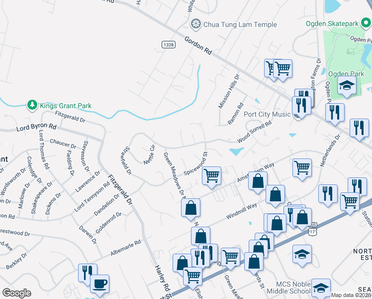 map of restaurants, bars, coffee shops, grocery stores, and more near 6600-6606 Golden Astor Court in Wilmington