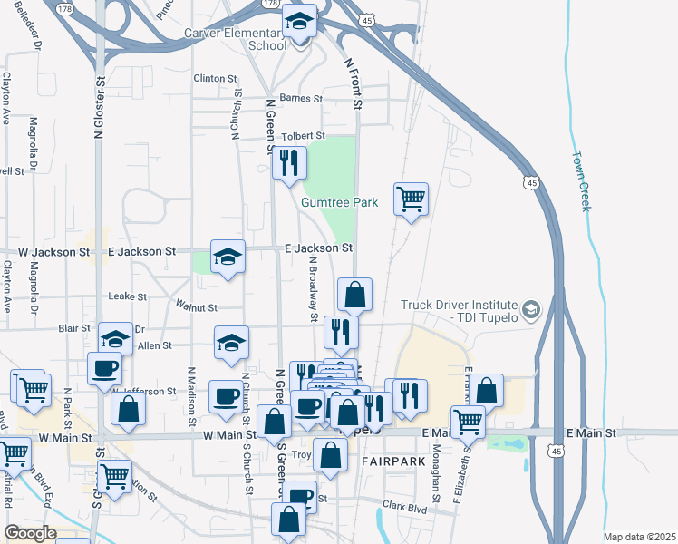 map of restaurants, bars, coffee shops, grocery stores, and more near 429-499 North Front Street in Tupelo