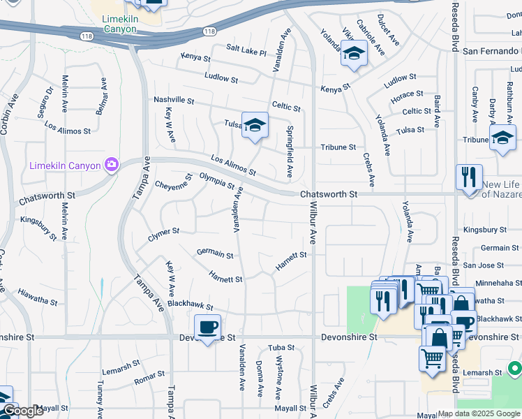 map of restaurants, bars, coffee shops, grocery stores, and more near 10645 Wystone Avenue in Los Angeles