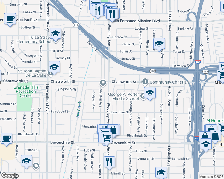map of restaurants, bars, coffee shops, grocery stores, and more near 10636 Woodley Avenue in Los Angeles