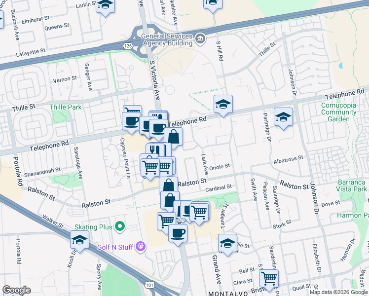 map of restaurants, bars, coffee shops, grocery stores, and more near 6025 Sparrow Street in Ventura