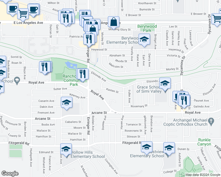map of restaurants, bars, coffee shops, grocery stores, and more near 2051 Kasten Street in Simi Valley