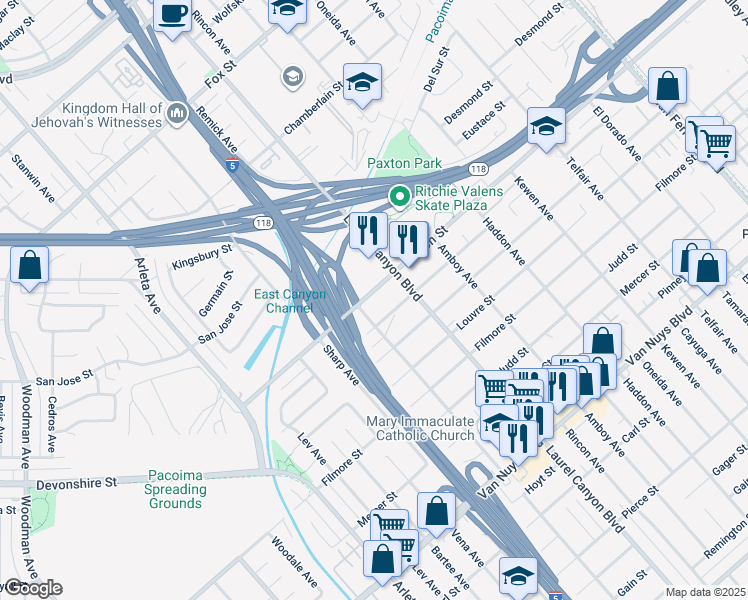 map of restaurants, bars, coffee shops, grocery stores, and more near 14040 Paxton Street in Los Angeles