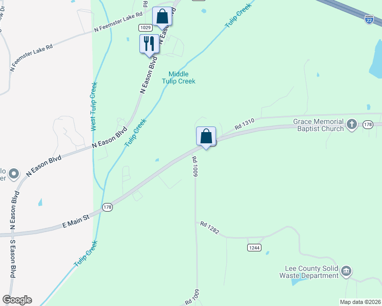 map of restaurants, bars, coffee shops, grocery stores, and more near 100 Road 1009 in Tupelo