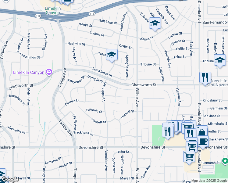 map of restaurants, bars, coffee shops, grocery stores, and more near 10645 Wystone Avenue in Los Angeles