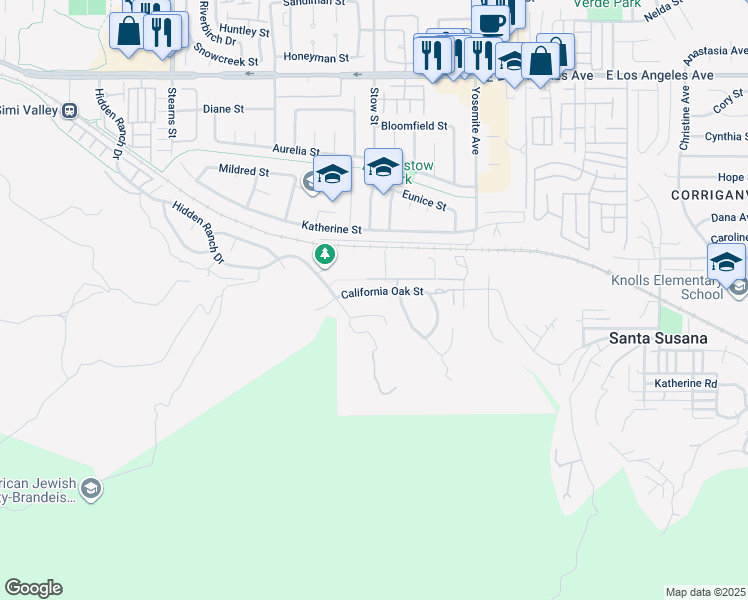 map of restaurants, bars, coffee shops, grocery stores, and more near 5588 California Oak Street in Simi Valley