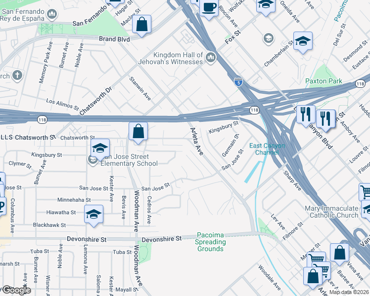 map of restaurants, bars, coffee shops, grocery stores, and more near 14616 Chatsworth Street in Los Angeles