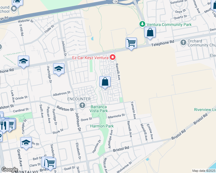 map of restaurants, bars, coffee shops, grocery stores, and more near 1552 Echidna Place in Ventura
