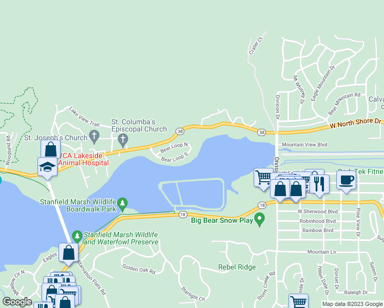 map of restaurants, bars, coffee shops, grocery stores, and more near 42495 Bear Loop in Big Bear