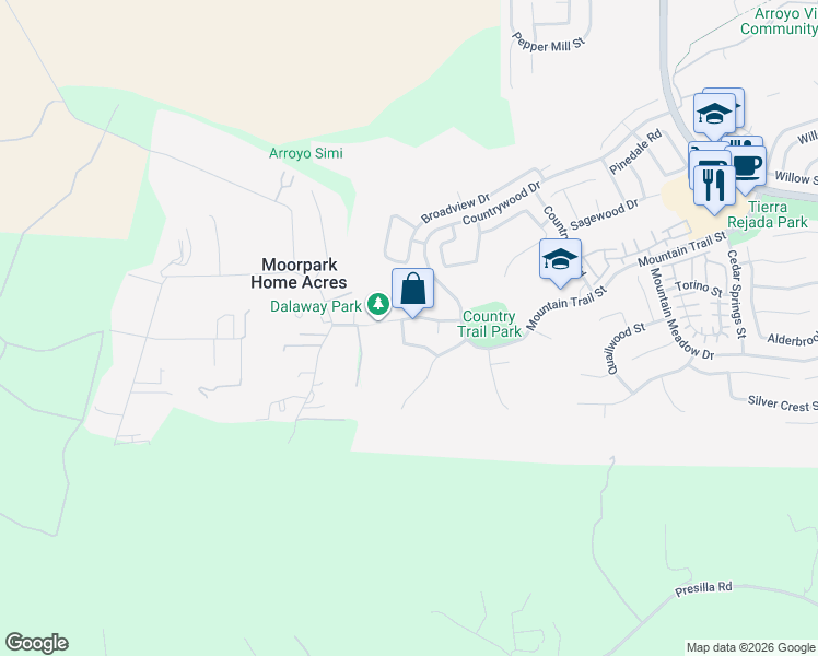 map of restaurants, bars, coffee shops, grocery stores, and more near 11161 Shadyridge Road in Moorpark