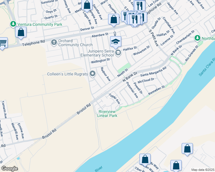 map of restaurants, bars, coffee shops, grocery stores, and more near 8592 Neath Street in Ventura