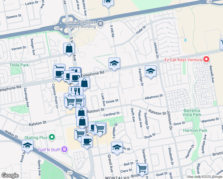 map of restaurants, bars, coffee shops, grocery stores, and more near 6314 Mockingbird Street in Ventura