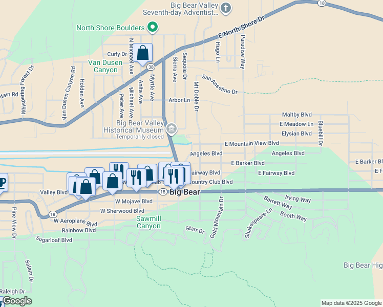 map of restaurants, bars, coffee shops, grocery stores, and more near 2 East Mountain View Boulevard in Big Bear