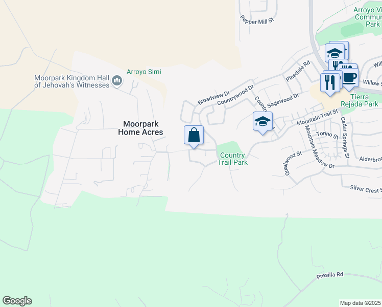 map of restaurants, bars, coffee shops, grocery stores, and more near 11111 Terraceridge Road in Moorpark