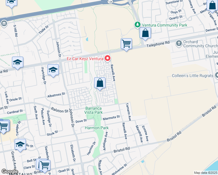 map of restaurants, bars, coffee shops, grocery stores, and more near 1555 Raccoon Court in Ventura