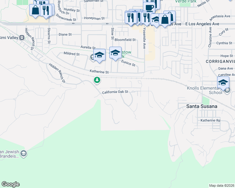 map of restaurants, bars, coffee shops, grocery stores, and more near 5649 California Oak Street in Simi Valley