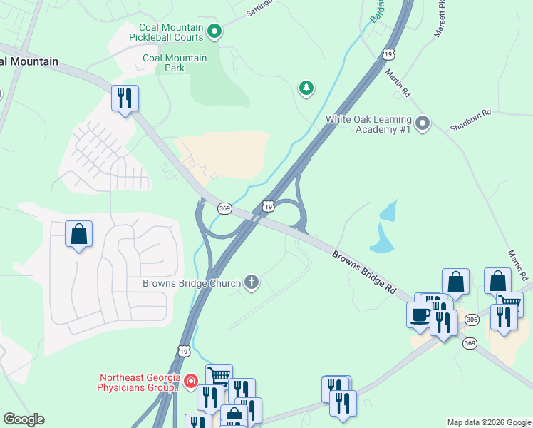 map of restaurants, bars, coffee shops, grocery stores, and more near Georgia 400 in Cumming