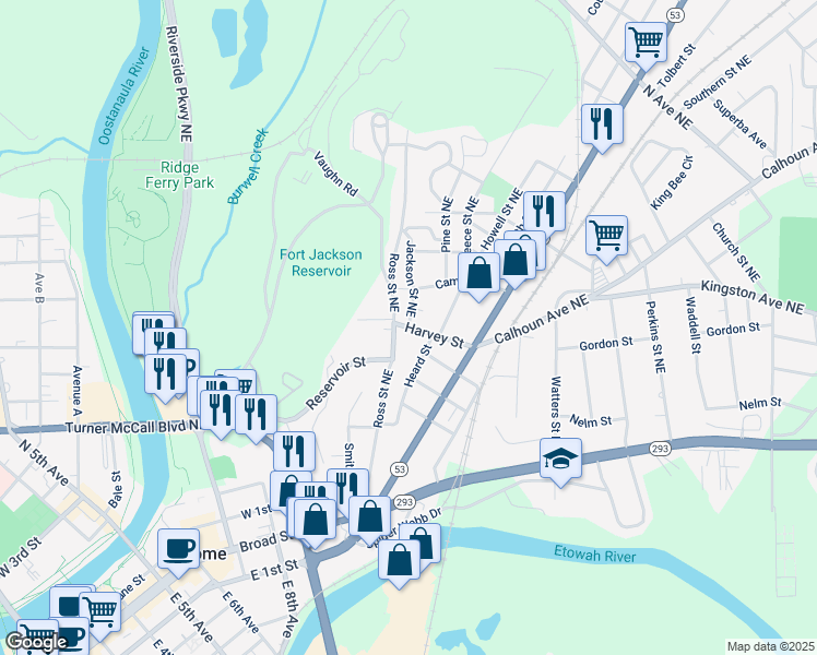 map of restaurants, bars, coffee shops, grocery stores, and more near 5 Jackson Street Northeast in Rome