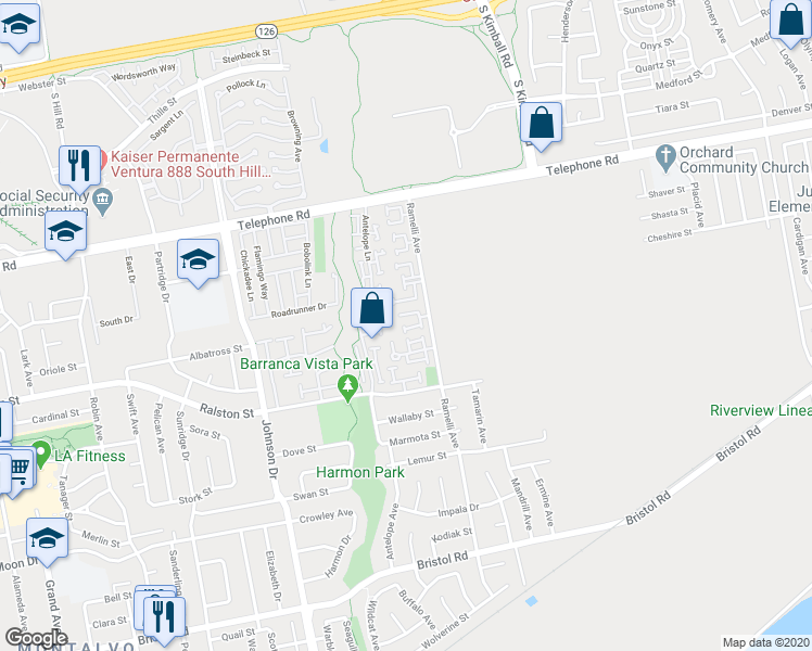 map of restaurants, bars, coffee shops, grocery stores, and more near 1555 Raccoon Court in Ventura