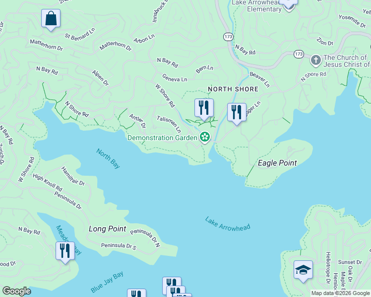 map of restaurants, bars, coffee shops, grocery stores, and more near in Lake Arrowhead