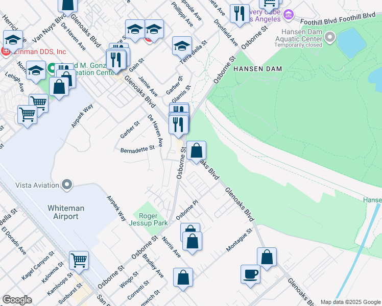 map of restaurants, bars, coffee shops, grocery stores, and more near 12330 Osborne Street in Los Angeles