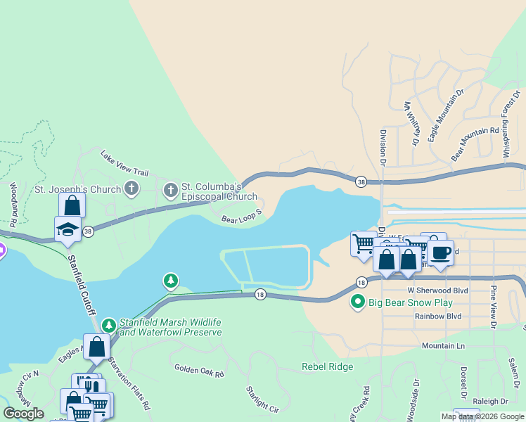 map of restaurants, bars, coffee shops, grocery stores, and more near 42495 Bear Loop in Big Bear