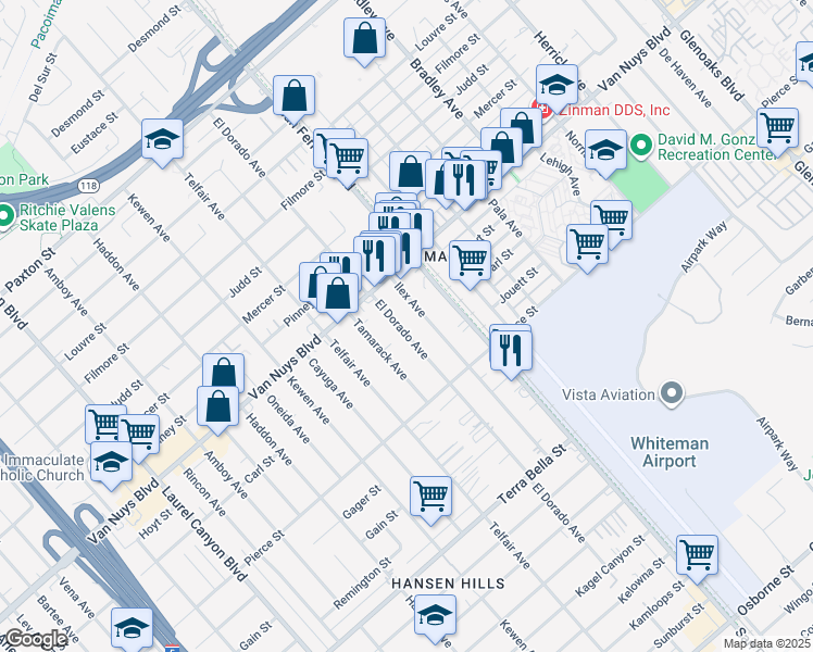 map of restaurants, bars, coffee shops, grocery stores, and more near 10652 El Dorado Avenue in Los Angeles