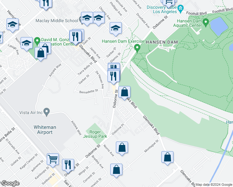 map of restaurants, bars, coffee shops, grocery stores, and more near 12320 Osborne Street in Los Angeles
