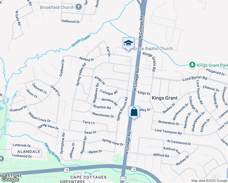map of restaurants, bars, coffee shops, grocery stores, and more near 4633 Trafalgar Road in Wilmington