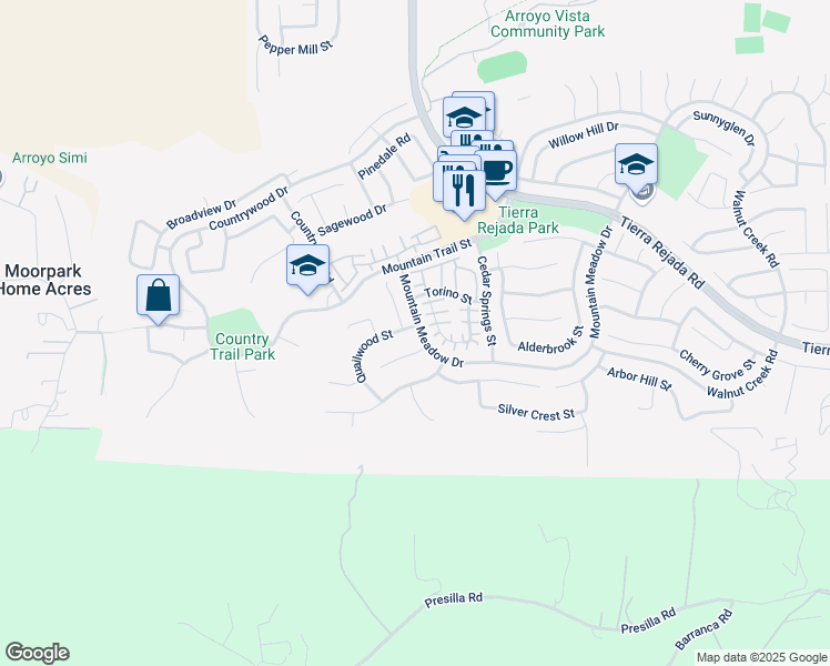 map of restaurants, bars, coffee shops, grocery stores, and more near 3994 Quailwood Street in Moorpark