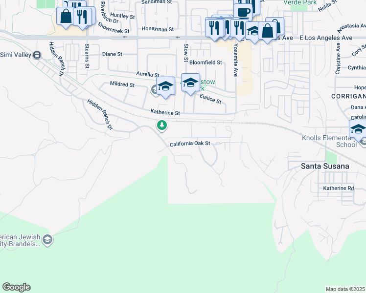 map of restaurants, bars, coffee shops, grocery stores, and more near 5588 California Oak Street in Simi Valley