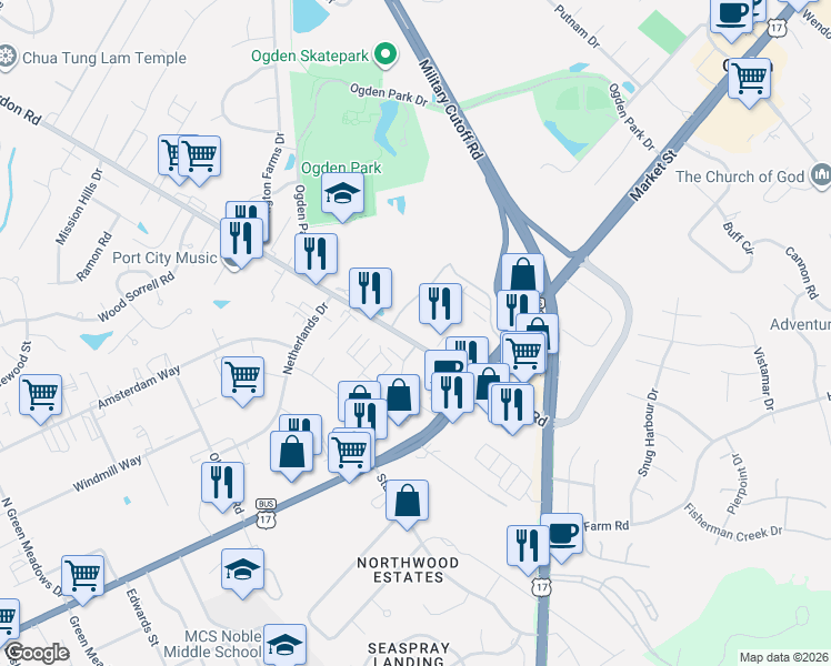 map of restaurants, bars, coffee shops, grocery stores, and more near 6769 Gordon Road in Wilmington