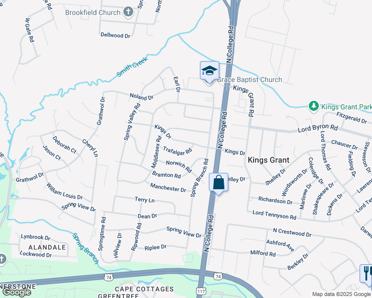 map of restaurants, bars, coffee shops, grocery stores, and more near 4633 Trafalgar Road in Wilmington