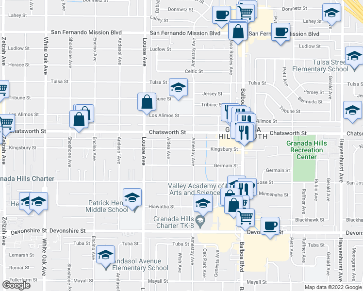 map of restaurants, bars, coffee shops, grocery stores, and more near 17161 Kingsbury Street in Los Angeles