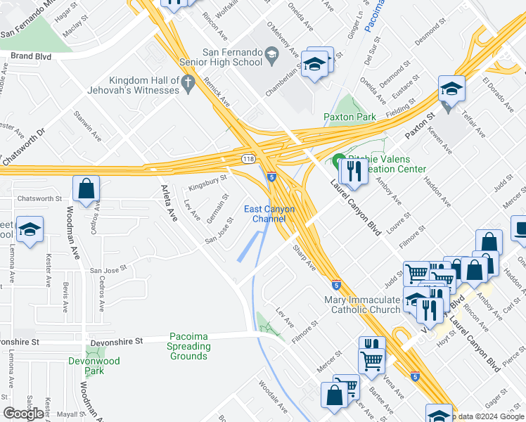 map of restaurants, bars, coffee shops, grocery stores, and more near 10924 North Sharp Avenue in Los Angeles