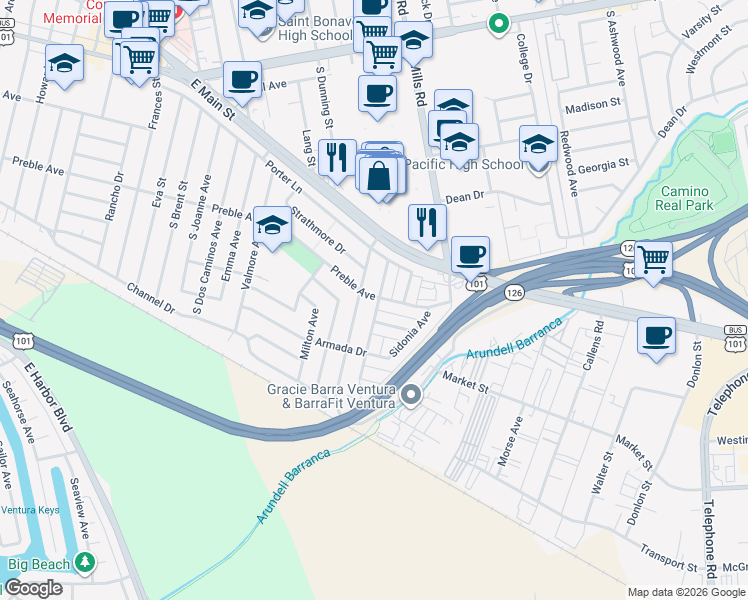 map of restaurants, bars, coffee shops, grocery stores, and more near 3320 Preble Avenue in Ventura