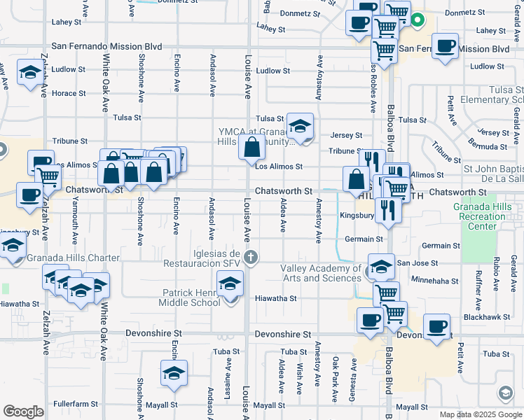 map of restaurants, bars, coffee shops, grocery stores, and more near 17237 Kingsbury Street in Los Angeles