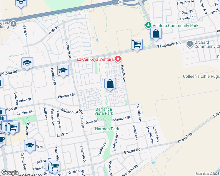 map of restaurants, bars, coffee shops, grocery stores, and more near 1530 Eland Lane in Ventura