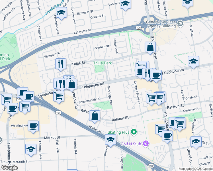 map of restaurants, bars, coffee shops, grocery stores, and more near 1121 Saratoga Avenue in Ventura