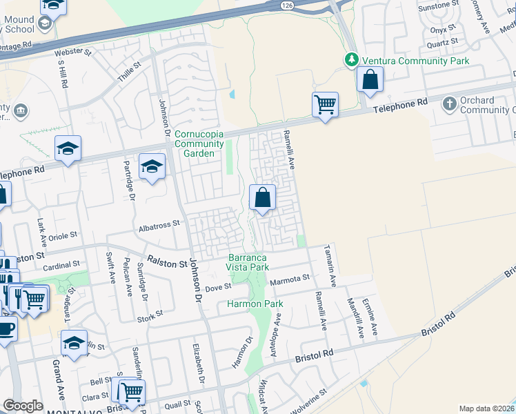map of restaurants, bars, coffee shops, grocery stores, and more near 1416 Chipmunk Circle in Ventura