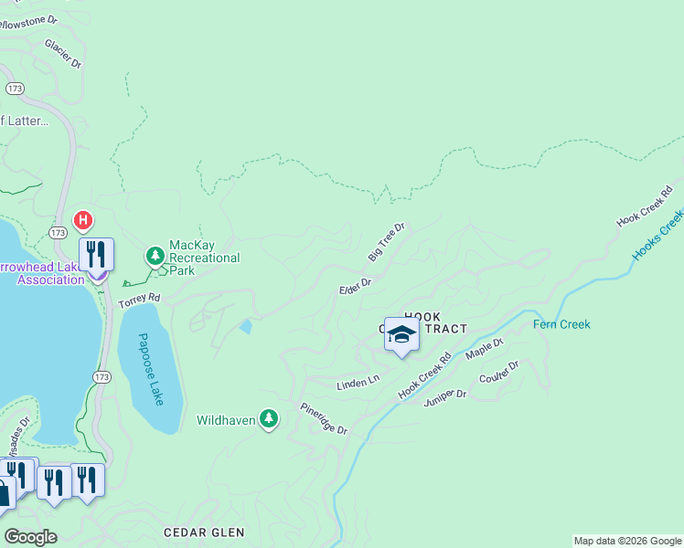 map of restaurants, bars, coffee shops, grocery stores, and more near 29629 Little Bear Creek Road in Lake Arrowhead