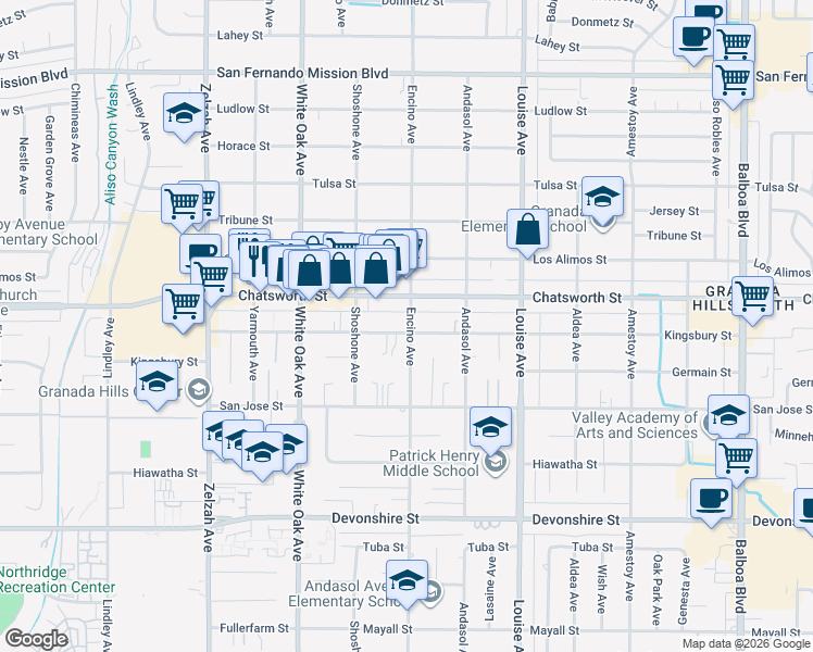 map of restaurants, bars, coffee shops, grocery stores, and more near 17503 Kingsbury Street in Los Angeles