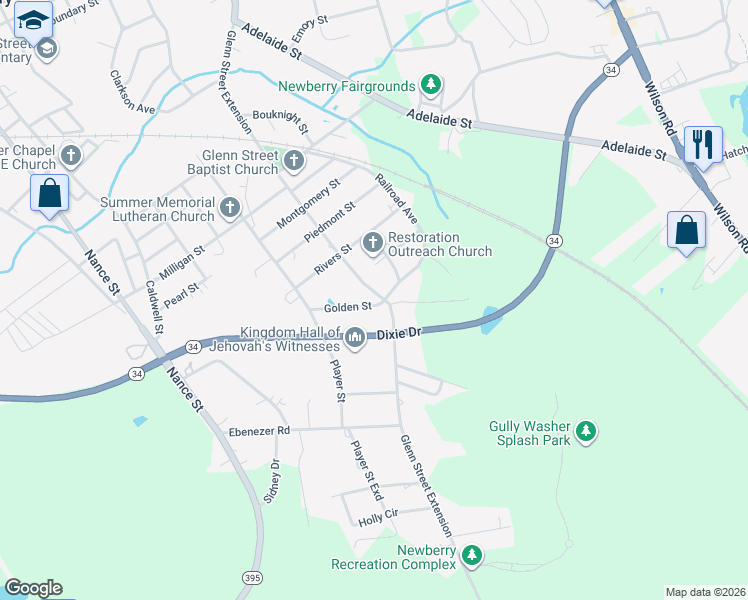 map of restaurants, bars, coffee shops, grocery stores, and more near 50 Glenn Street in Newberry
