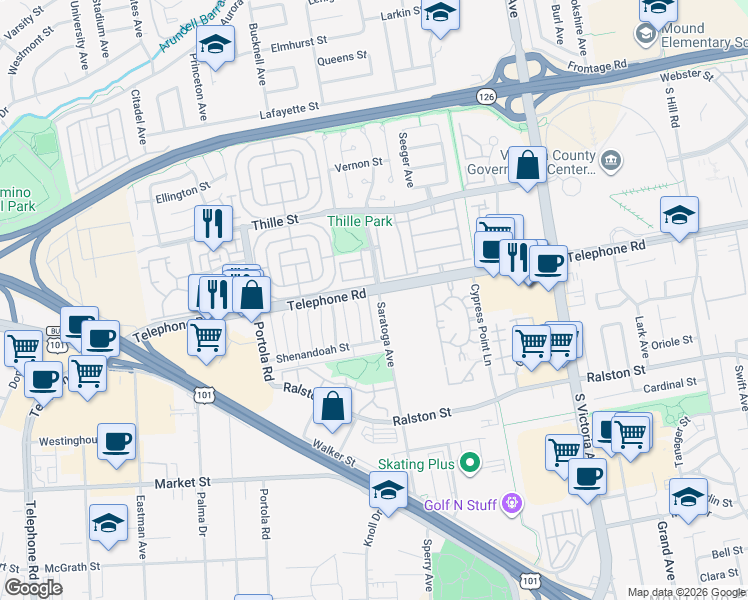 map of restaurants, bars, coffee shops, grocery stores, and more near 1121 Saratoga Avenue in Ventura
