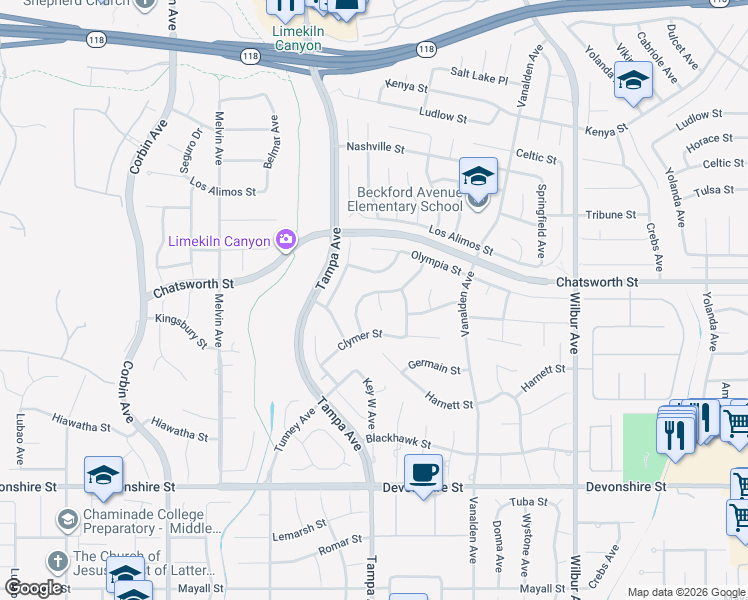 map of restaurants, bars, coffee shops, grocery stores, and more near 10661 Baton Rouge Avenue in Los Angeles